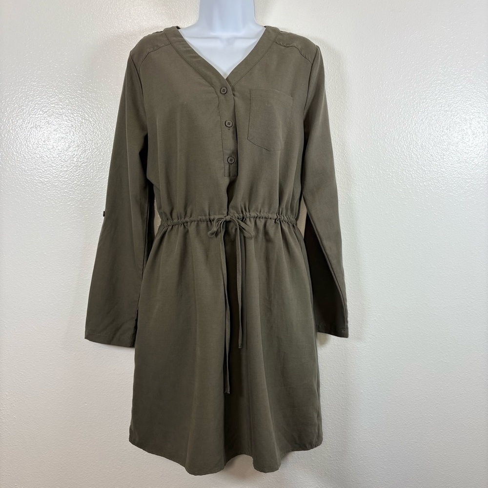 Mystree Linen Blend Green Long Roll Tab Sleeve Drawstring Waist Shirt Dress SzM
